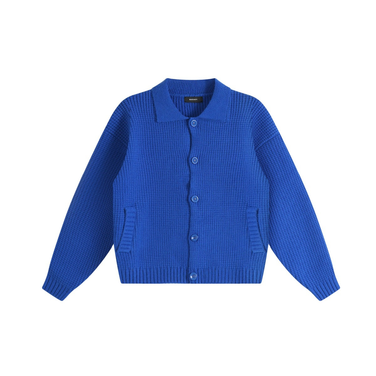 Sapphire blue waffle-knit button-front cardigan with collar, ribbed hem and cuffs, and front pockets, flat view