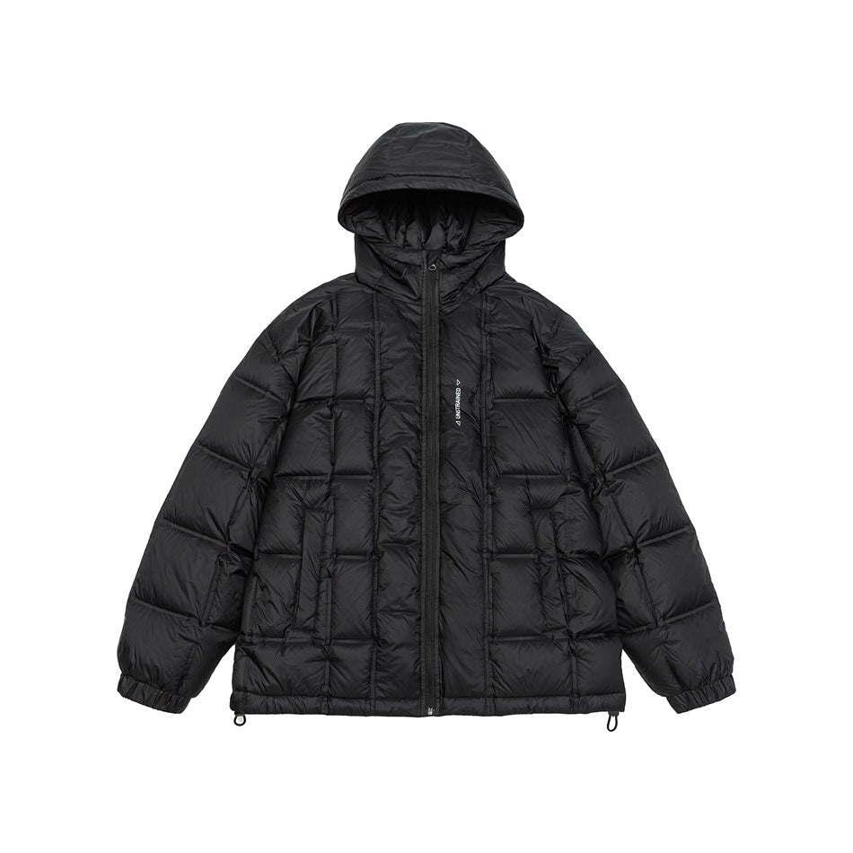 Black hooded quilted puffer jacket with front zipper, pockets, elastic cuffs and hem drawcord toggles, flat front view