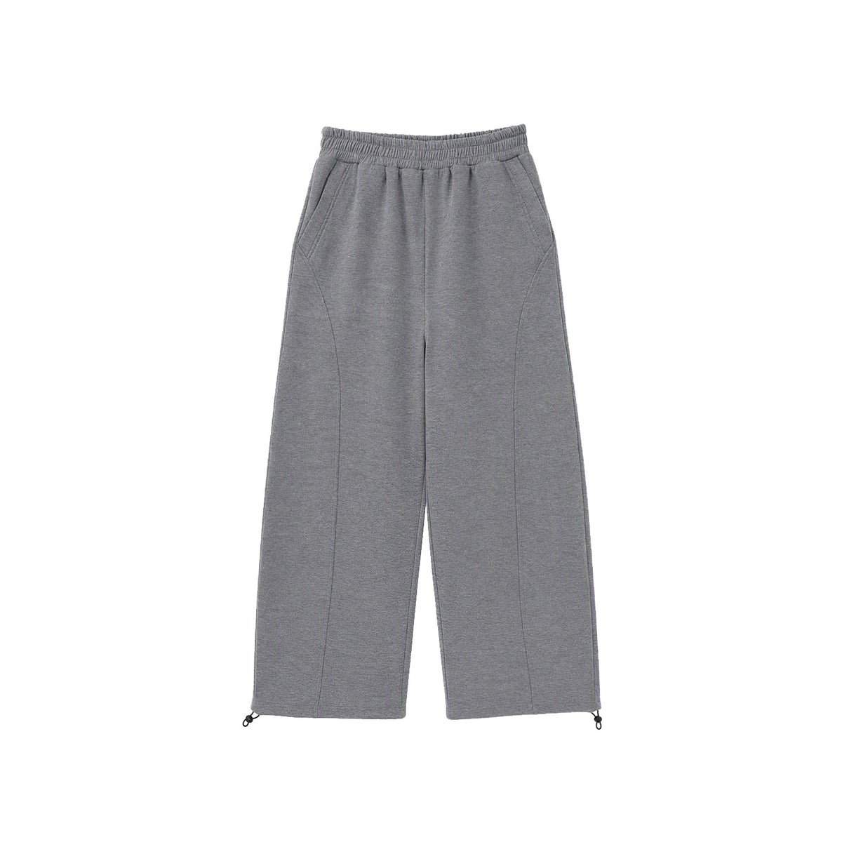 Gray heathered wide-leg sweatpants flat lay with elastic waistband, side pockets and toggle hem cords