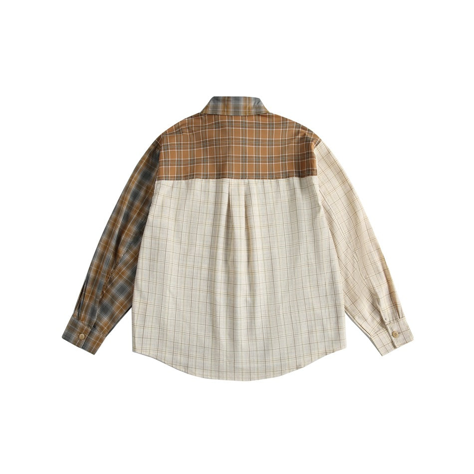 Back of a patchwork plaid shirt with brown plaid yoke, beige check body and center pleat