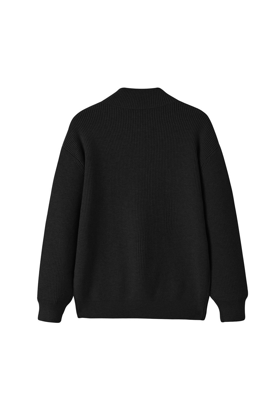 Back view of a black rib-knit sweater with a stand collar, long sleeves, and ribbed cuffs and hem.