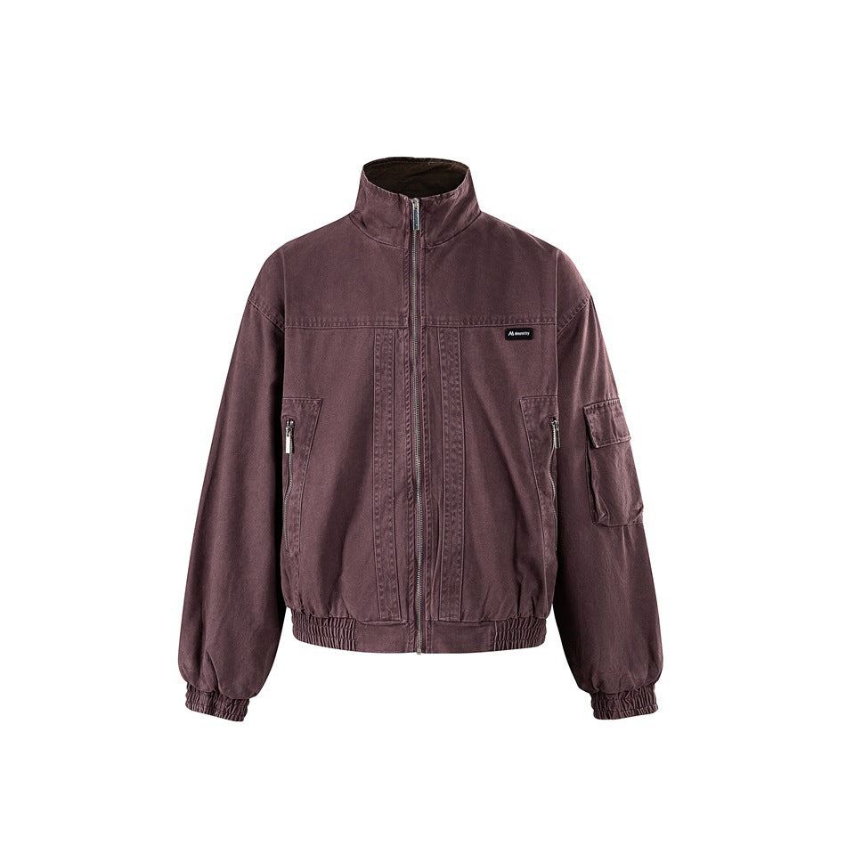 Purple washed stand-collar zip jacket, front view, with zip pockets, sleeve flap pocket and elastic hem