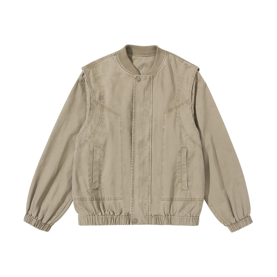 Light khaki bomber-style jacket flat lay, front view, with ribbed collar, snap placket, slit pockets and elastic cuffs