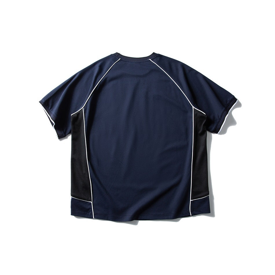 Back view of navy short-sleeve tee with white raglan piping and black side panels, flat lay