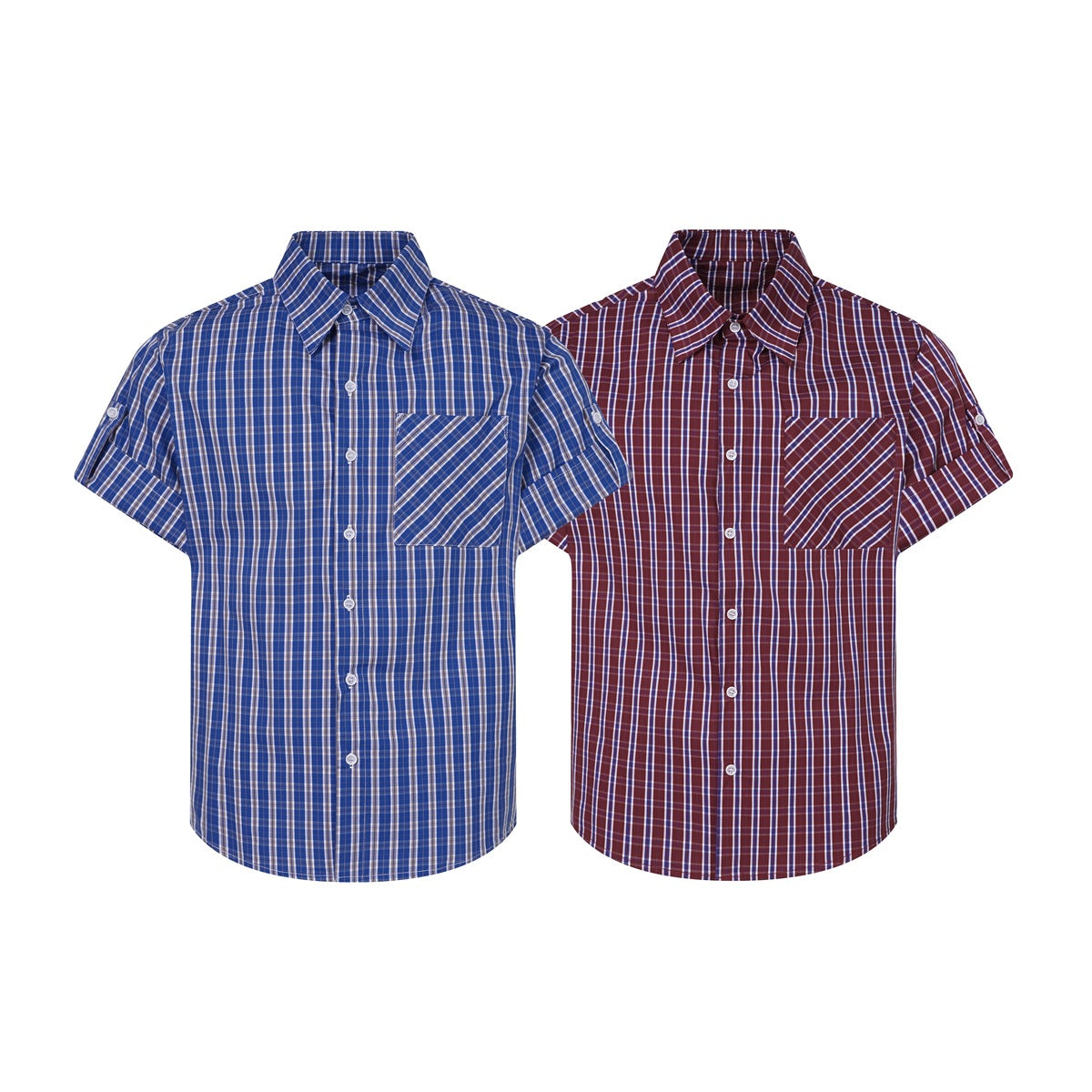 Two short-sleeve plaid button-up shirts shown from the front, one blue and one burgundy, each with a chest pocket.