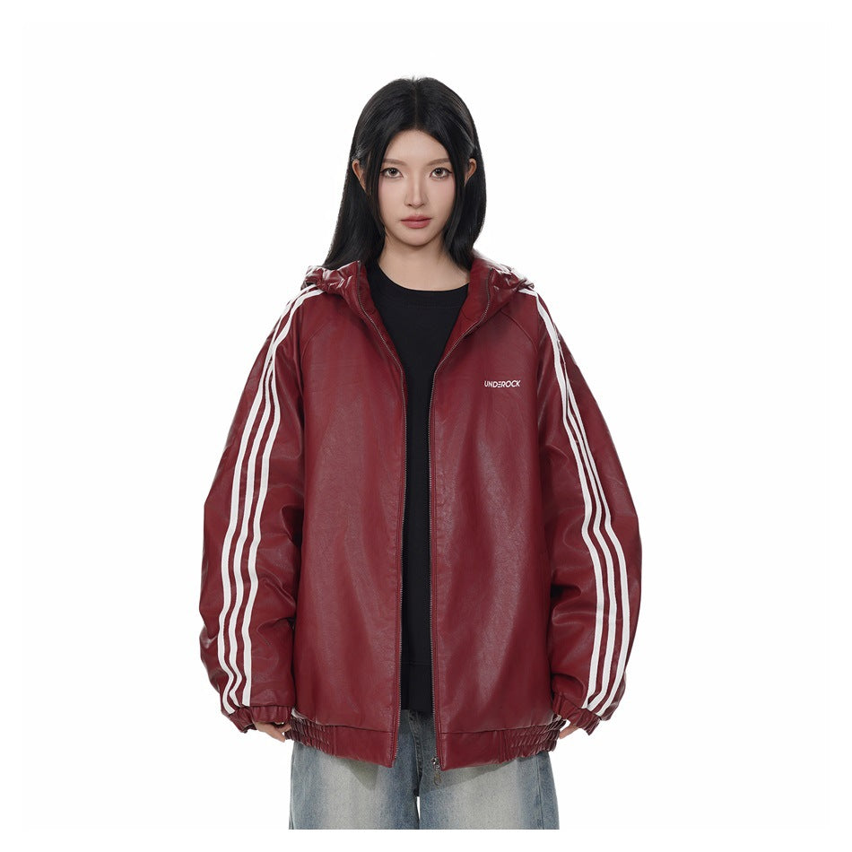 Model wearing a burgundy hooded jacket with white triple sleeve stripes, elastic cuffs and hem, over a black top.
