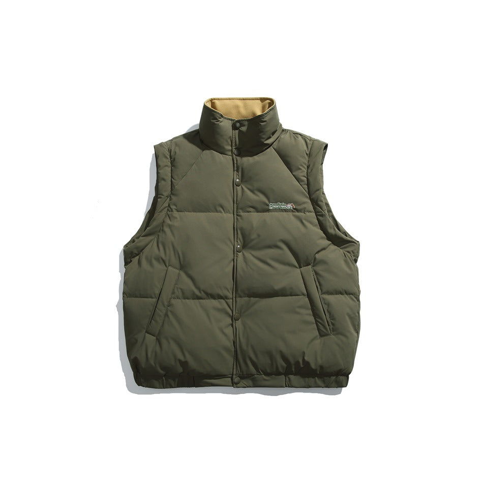 Front view of an olive-green sleeveless quilted vest with a high collar, snap-front closure, and angled pockets.