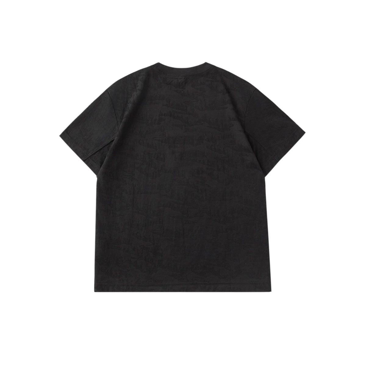 Back view of a black short-sleeve crew-neck T-shirt with a subtle all-over pattern.