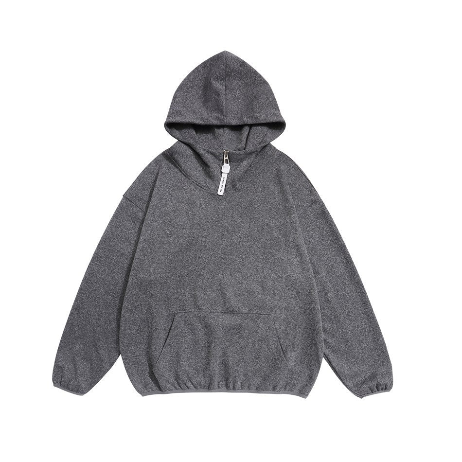Medium gray heather hooded top, flat front view, with neck zipper pull, kangaroo pocket and gathered cuffs