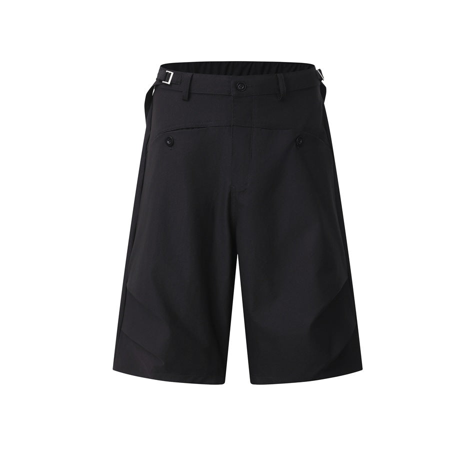 Black knee-length wide-leg shorts with center button, side buckle straps and curved front button details
