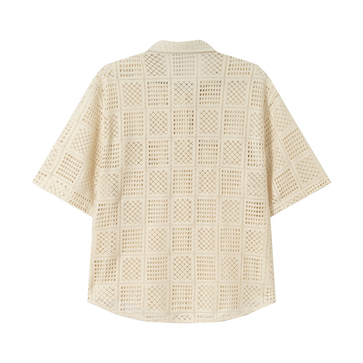 Back view of a beige open-work square-grid short-sleeve shirt with collar and curved hem