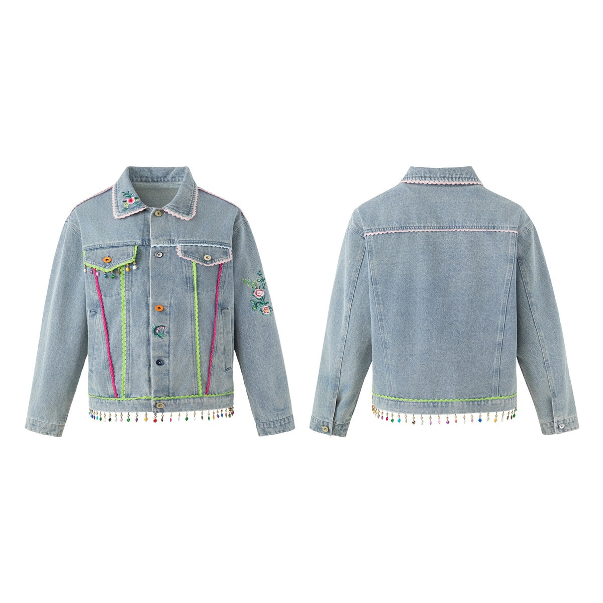 Light-wash embellished denim jacket shown from the front and back, with floral embroidery, colorful trim, and bead details.
