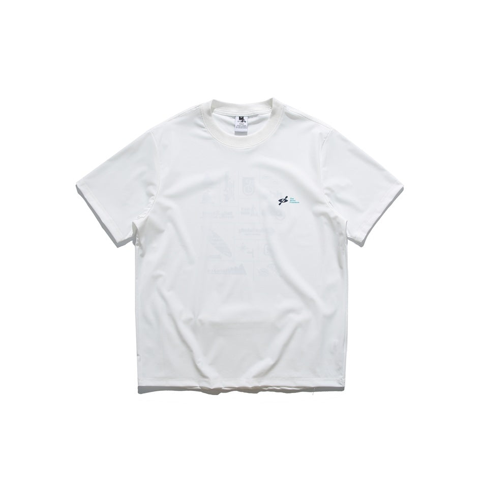 White short-sleeve crew-neck T-shirt shown flat from the front, with a small chest emblem and faint central graphics.