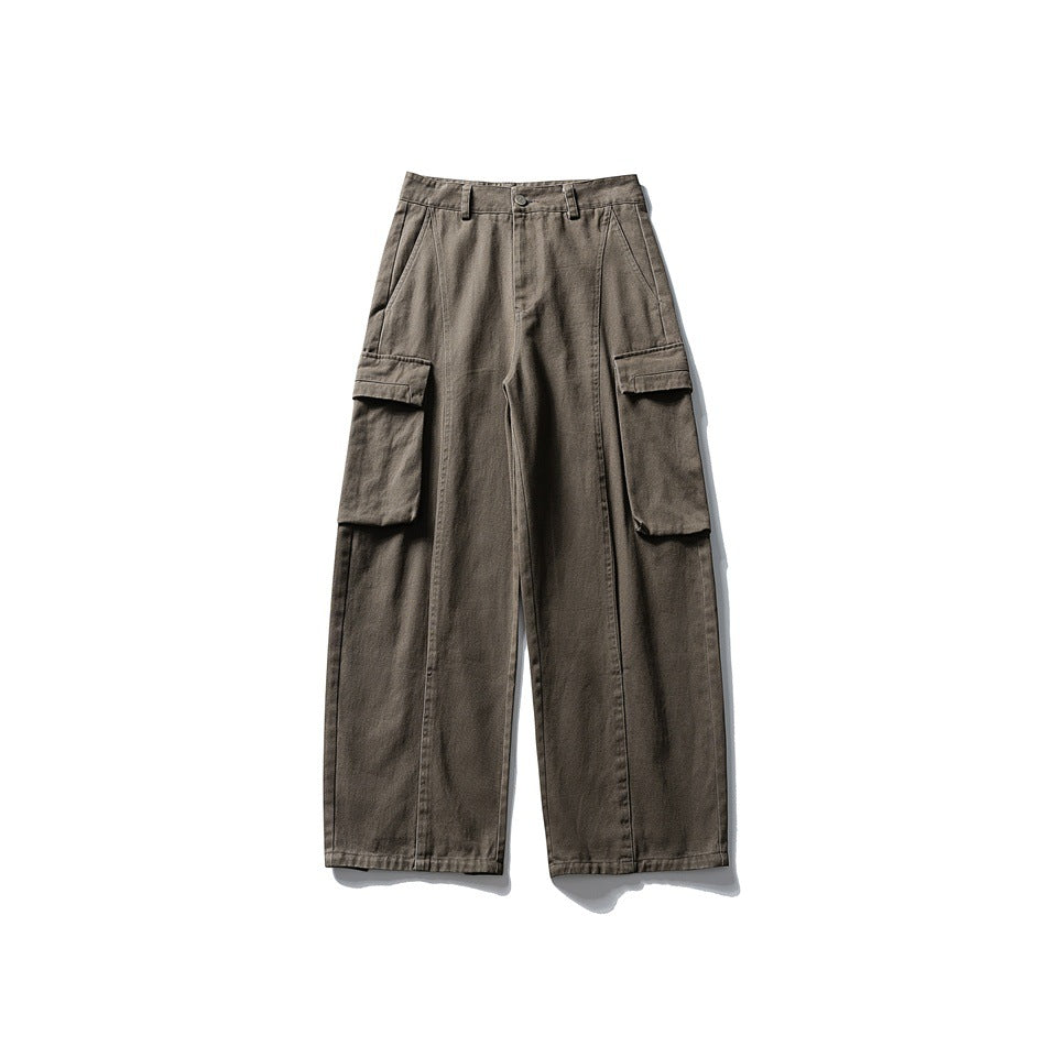 Gray wide-leg cargo pants flat lay, front view, with large flap side pockets and button waist
