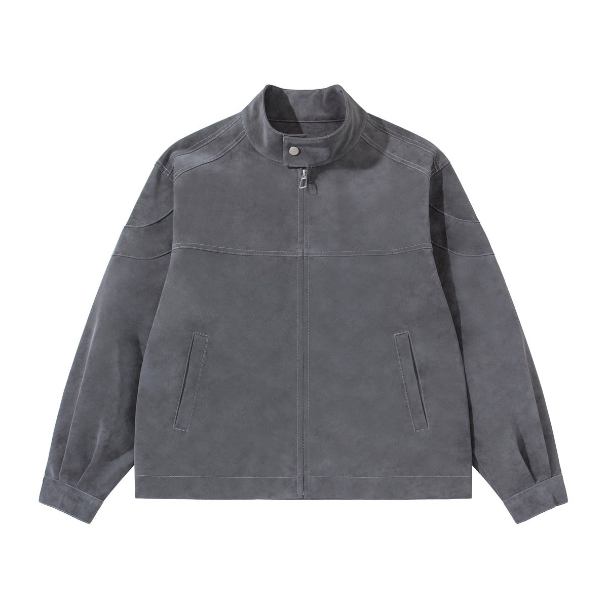 Gray suede-look stand-collar zip jacket with contrast topstitching, flat front view