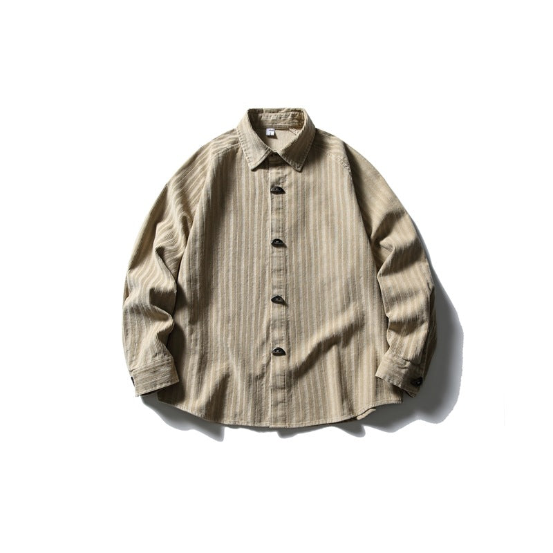 Khaki vertical-striped long-sleeve button-up shirt laid flat, front view