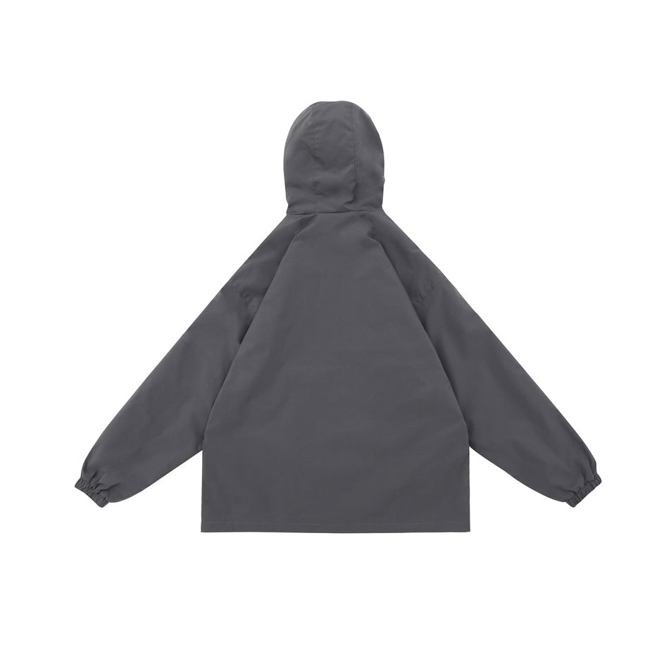Back view of a charcoal-gray hooded jacket with long sleeves and gathered cuffs.
