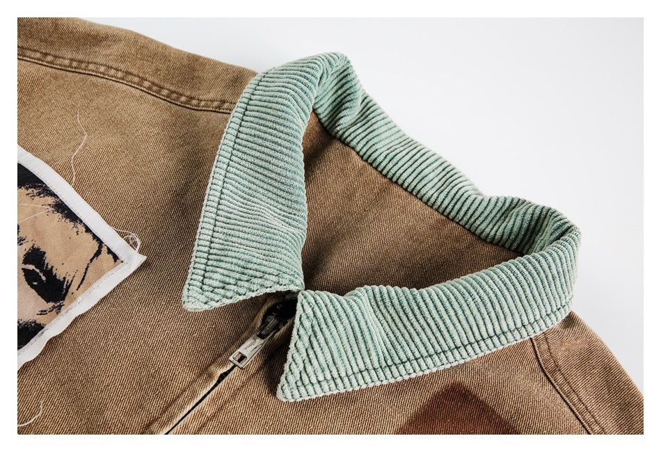 Close-up of the jacket's ribbed pale-green striped collar, brown fabric and zipper.