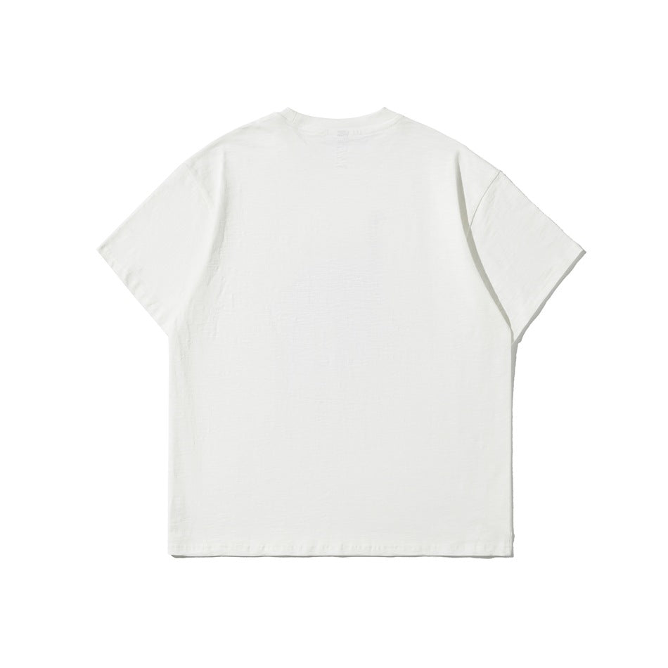 Back view of a plain white short-sleeve crew-neck T-shirt with no print