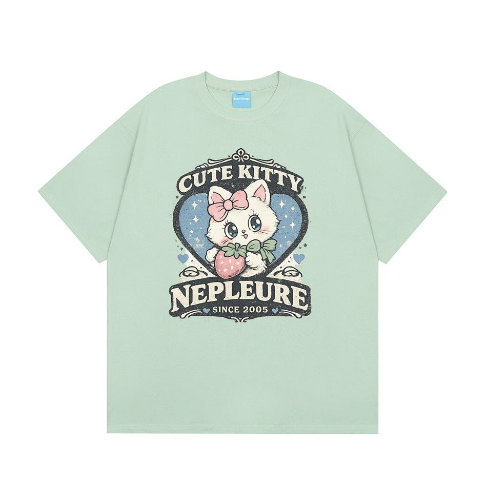 Mint green short-sleeve crew-neck T-shirt with a cartoon kitten and strawberry heart graphic on the front