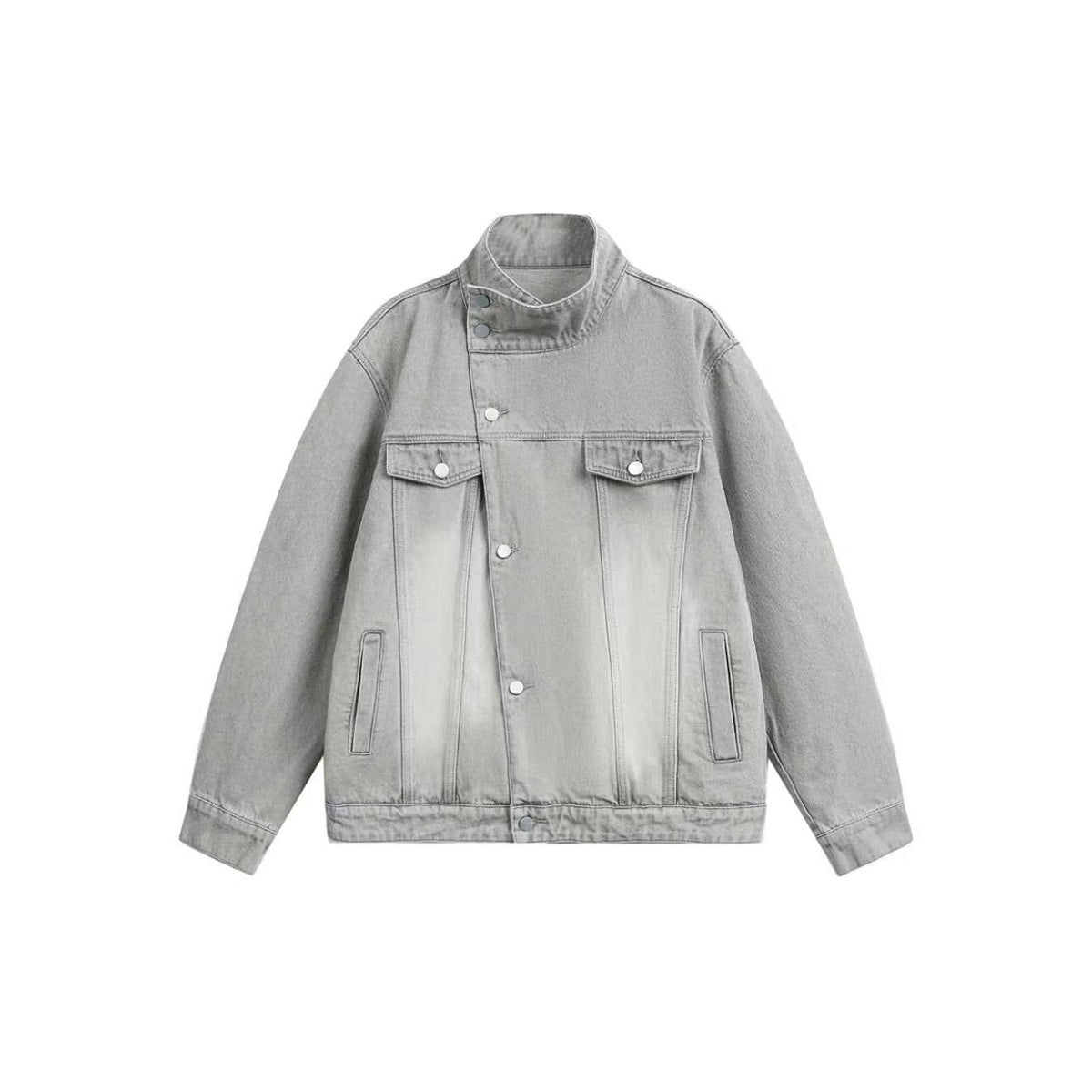 Gray washed denim jacket with stand collar, diagonal button placket, chest flap pockets and button cuffs, flat front view
