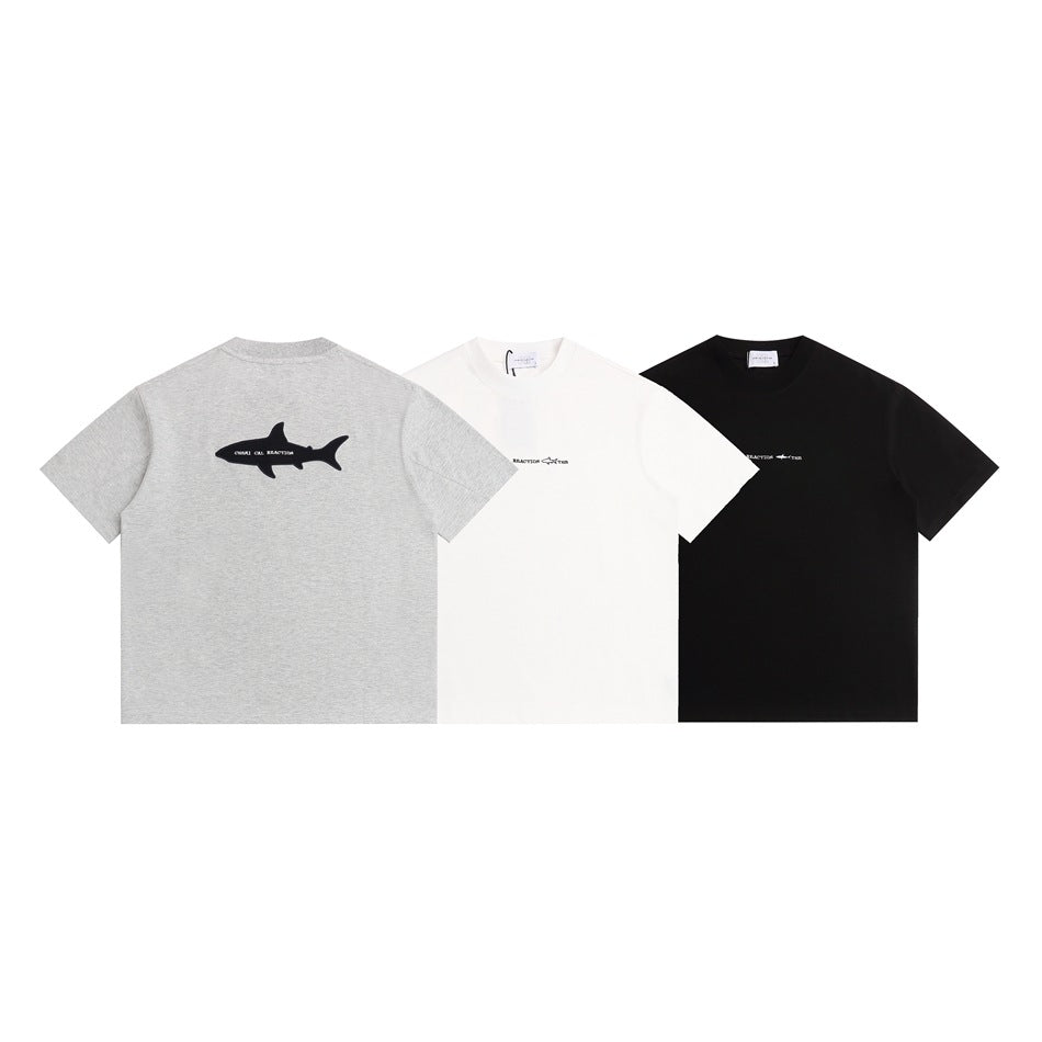 Three short-sleeve crew-neck T-shirts in gray, white, and black, showing front and back designs.