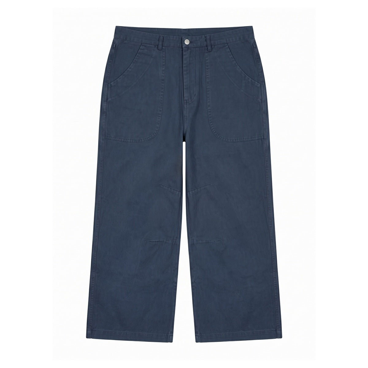 Dusty navy wide-leg work pants flat lay with front patch pockets, zip fly, belt loops and knee seams