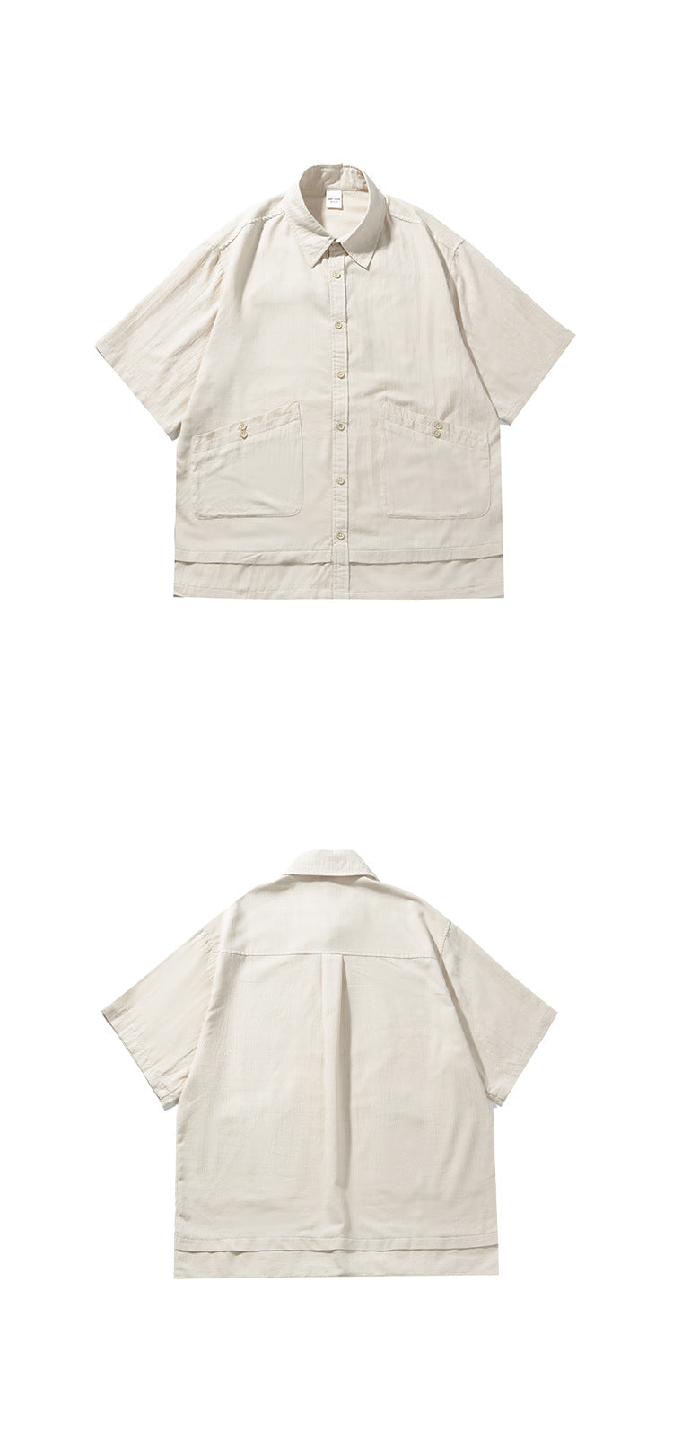 Flat-lay front and back views of a pale beige short-sleeve button-up shirt with two front pockets.