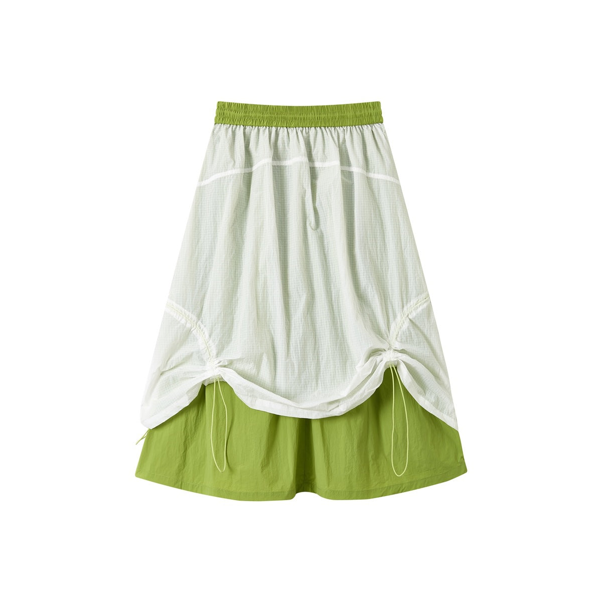 Front view of a pale green grid-patterned overlay skirt with adjustable gathered sides over a bright green underlayer.