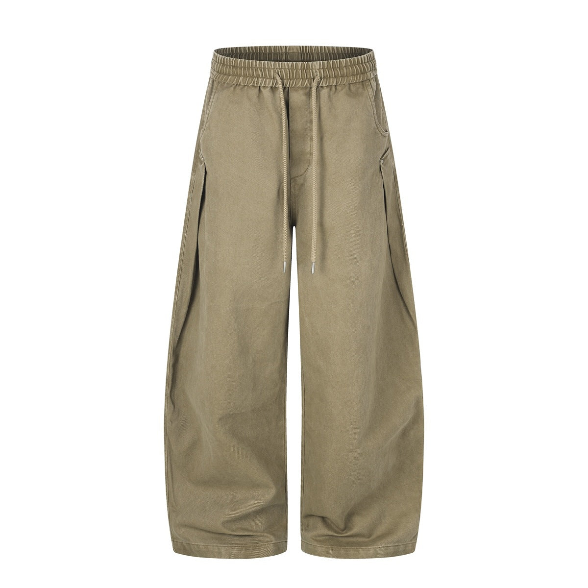 Khaki wide-leg drawstring pants with elastic waist and curved side panel, flat front view