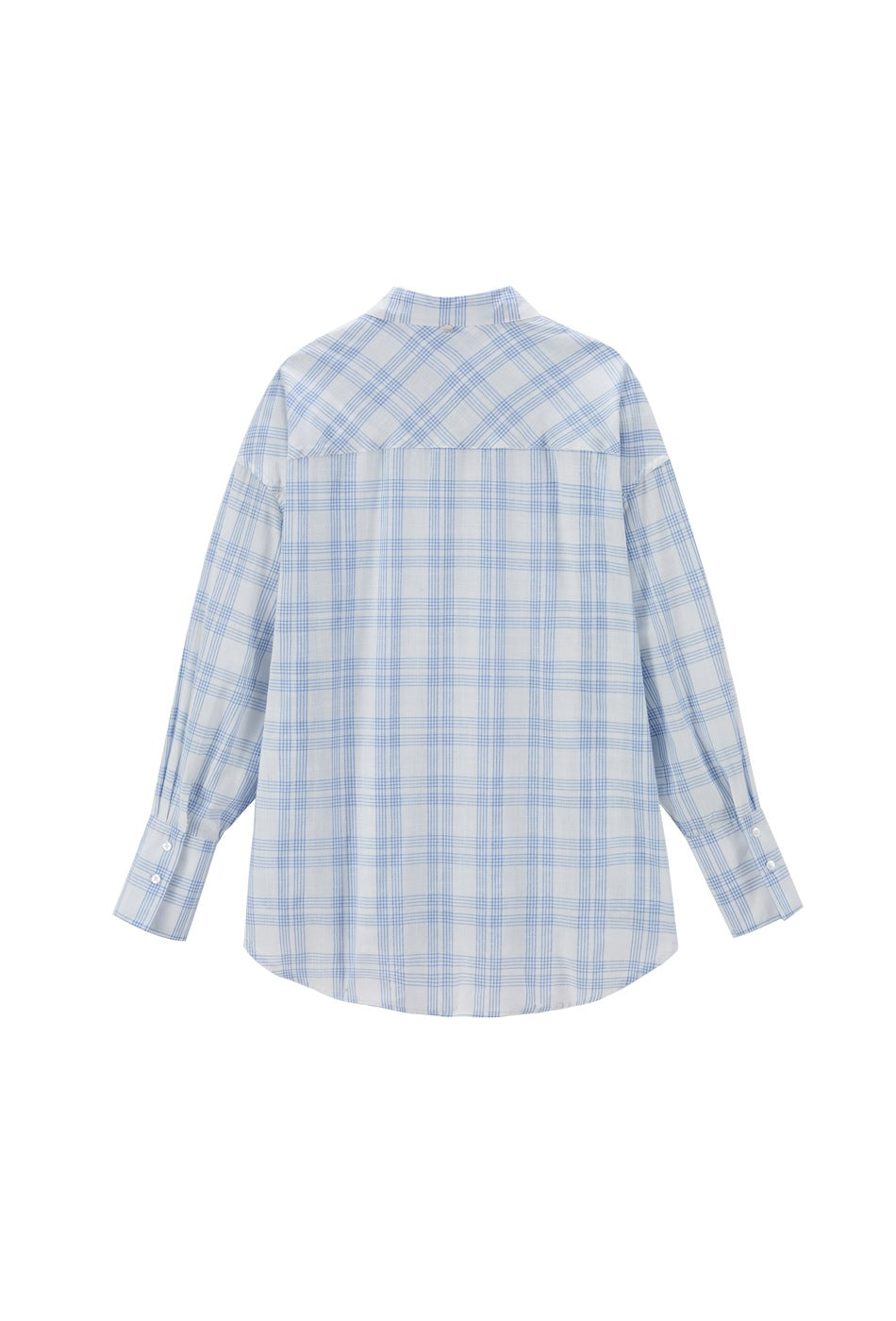 Back of a light blue plaid button-up shirt showing a diagonal-plaid yoke, buttoned cuffs and curved hem