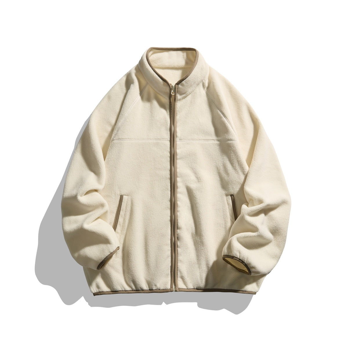 Beige fleece-textured zip jacket with brown contrast trim, stand collar and slash pockets, flat lay front view