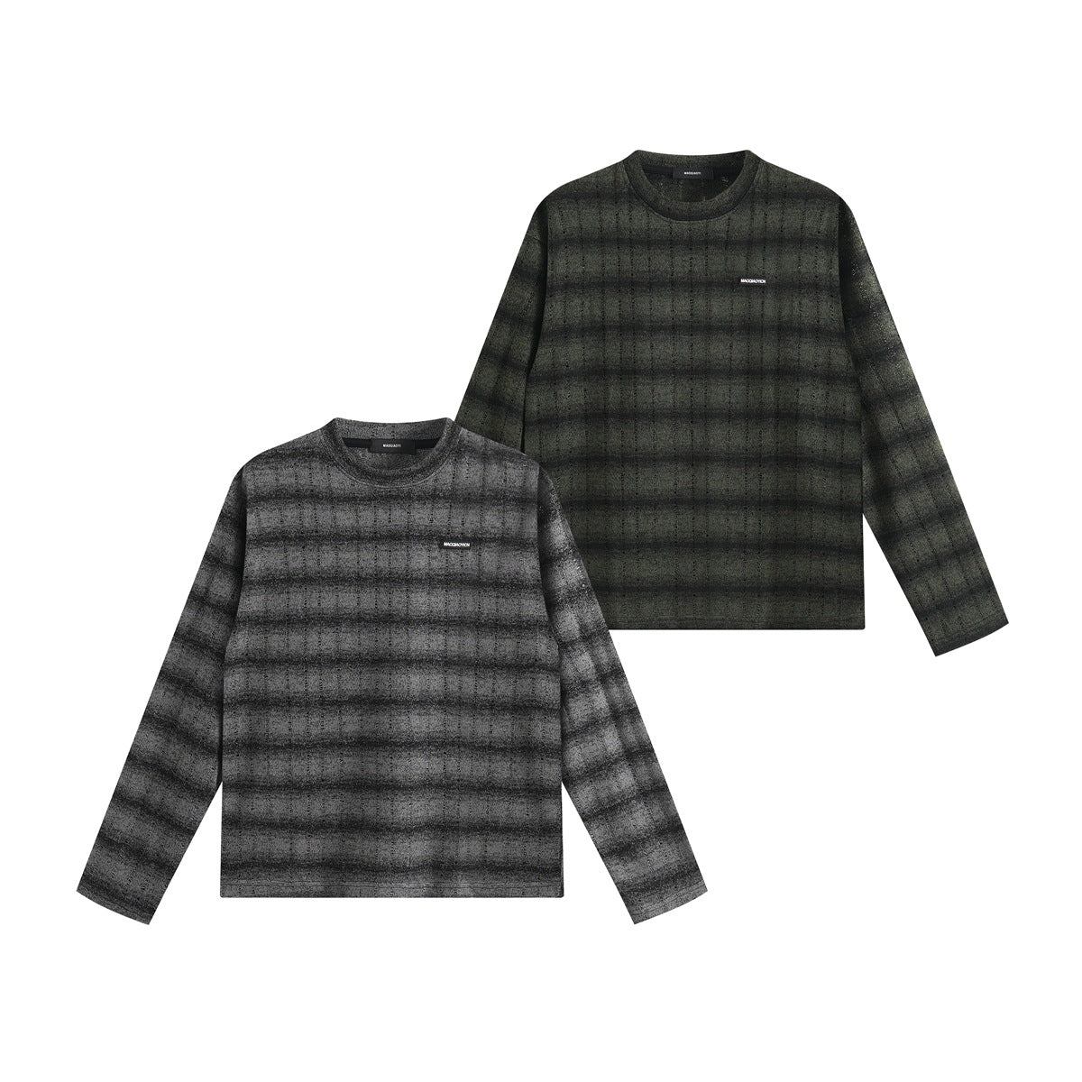 Two front views of a long-sleeve crewneck shirt with a subtle check pattern, in gray and dark olive.