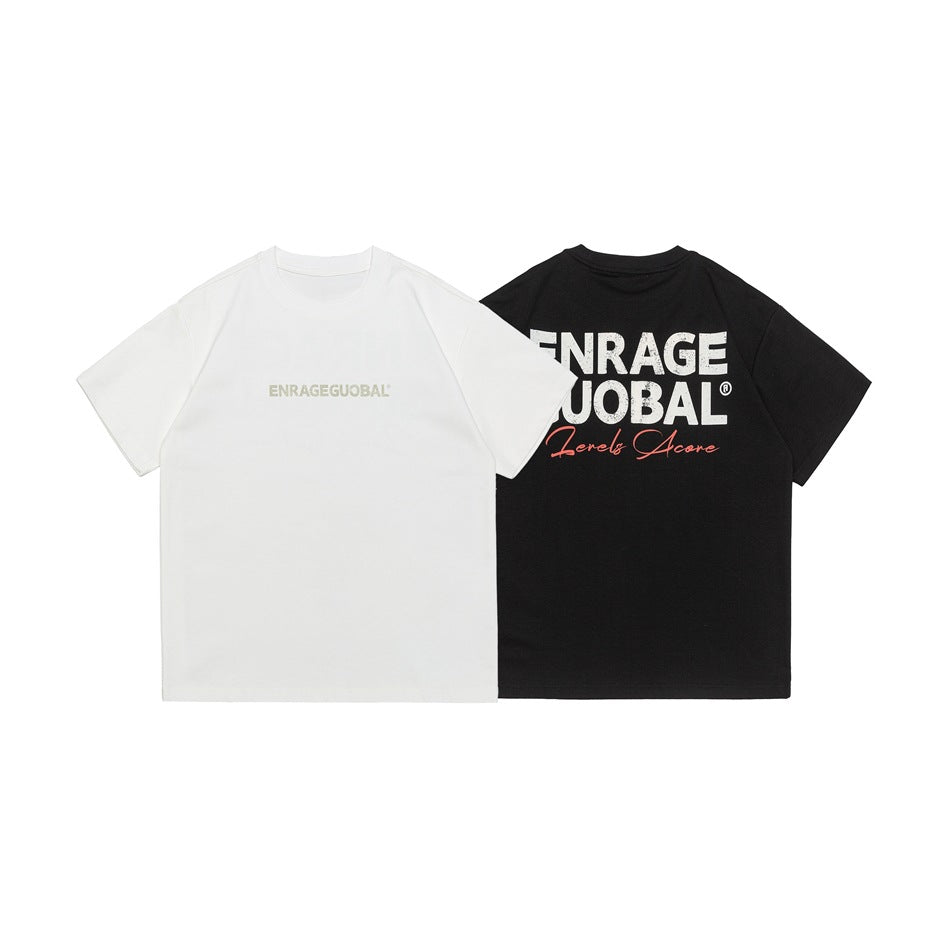 White and black crew-neck T-shirts shown together; the white has a small chest print and the black has a large back print.