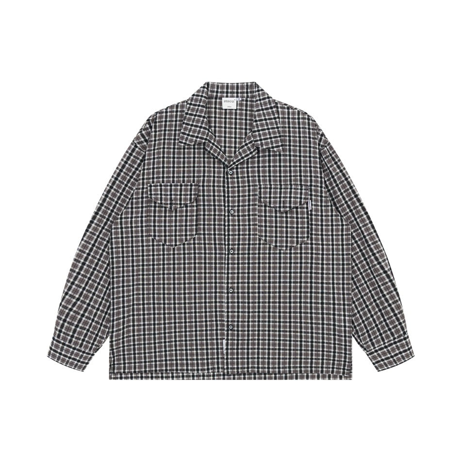 Black, gray and white plaid long-sleeve button-front shirt with camp collar and two chest flap pockets, front flat view