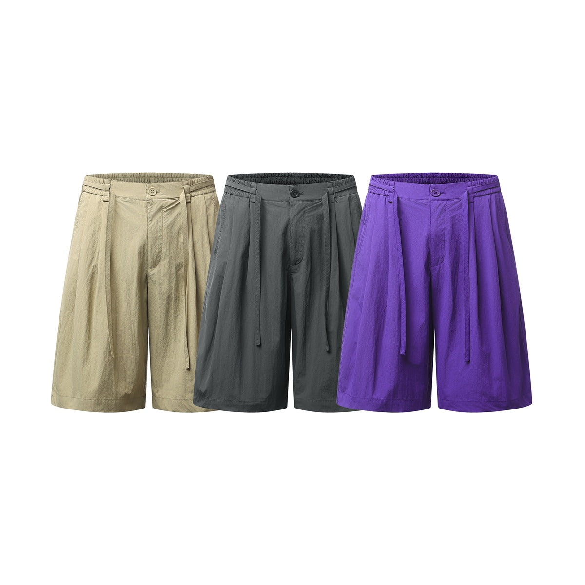 Three pairs of wide-leg shorts with elastic waists and belt ties, shown in khaki, charcoal gray, and purple.