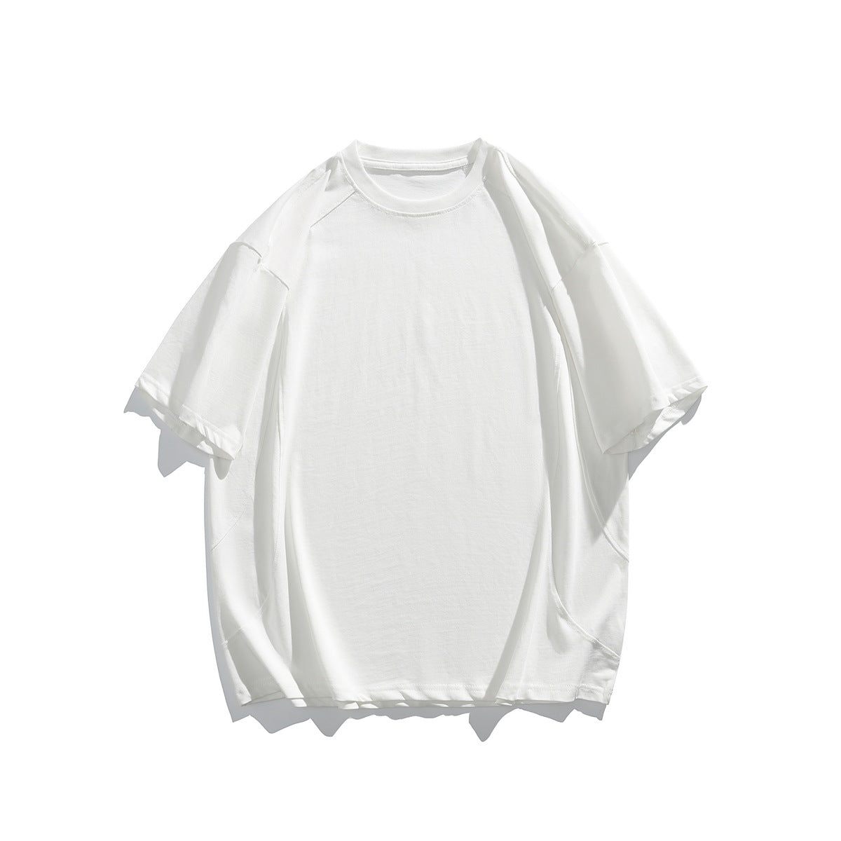 White short-sleeve crew neck T-shirt flat lay, front view, with raglan-style shoulder seams and curved side seams