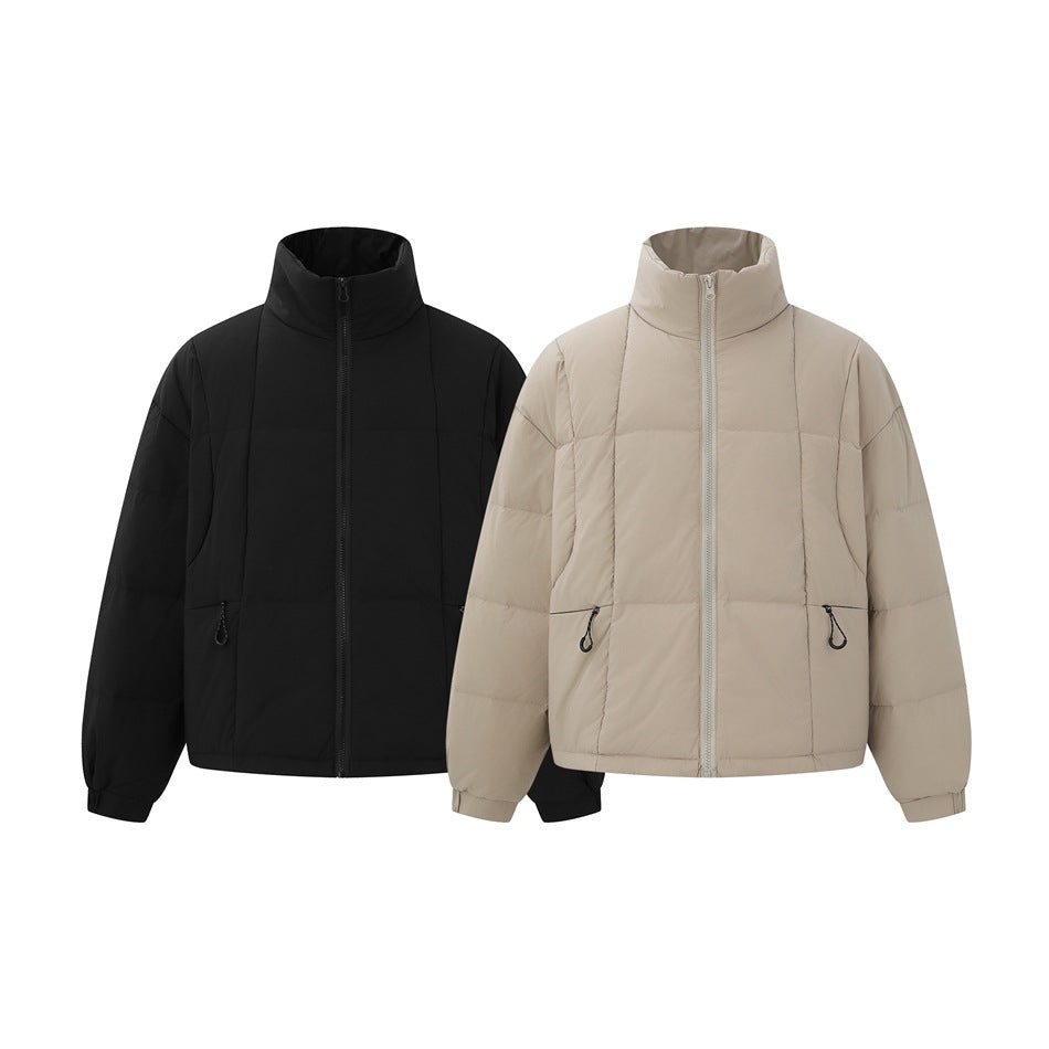 Black and light beige padded jackets shown from the front, with tall collars and zip closures.