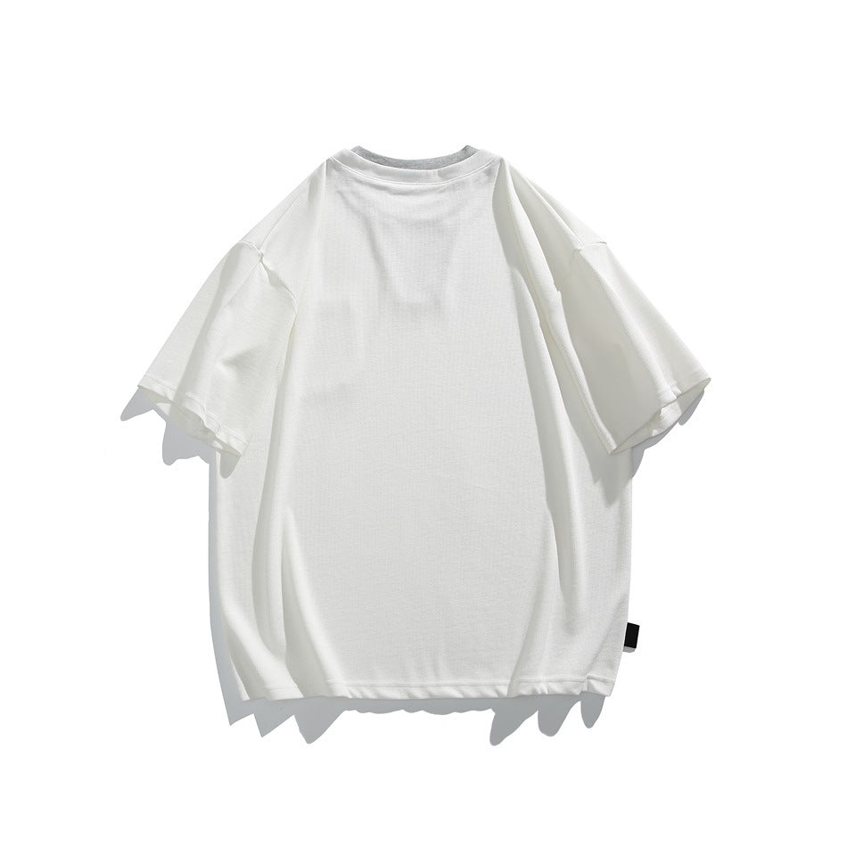 Back view of a plain white short-sleeve shirt with a relaxed fit.