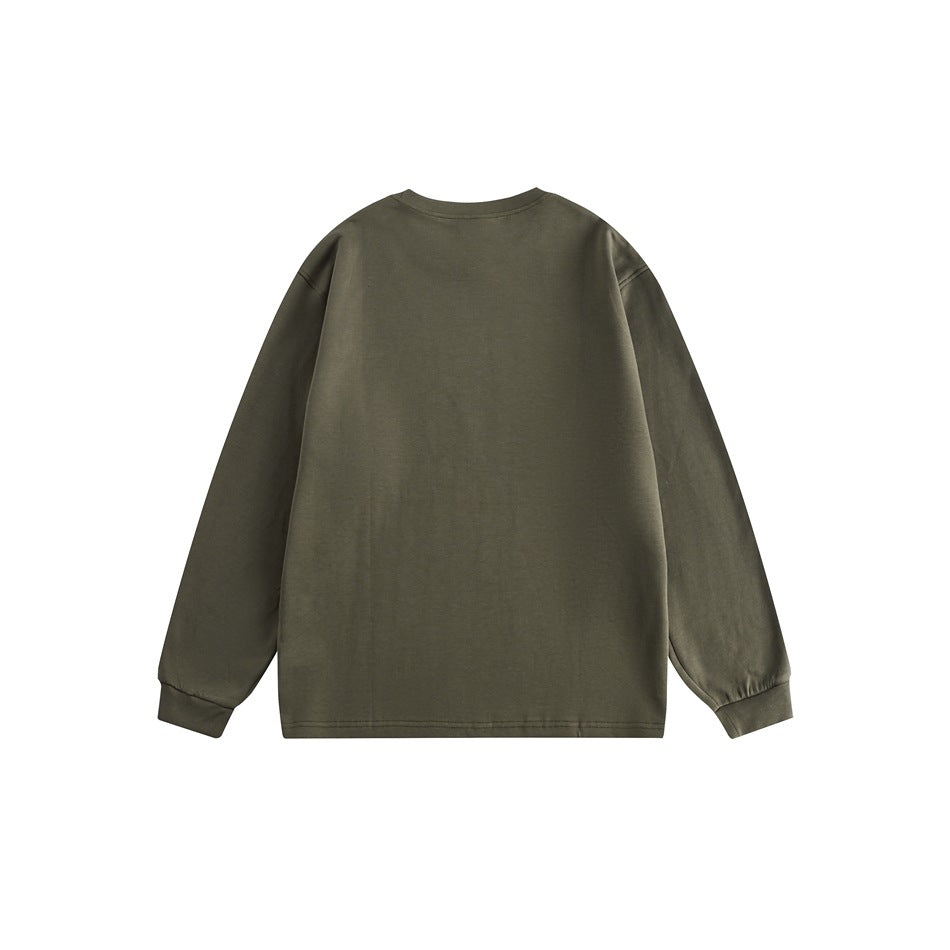 Back view of a plain olive-green long-sleeve crewneck top with ribbed cuffs and a straight hem.