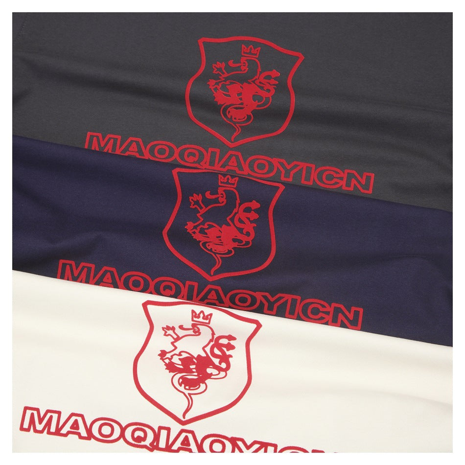 Three fabric colorways—charcoal, navy, and ivory—show the same red crowned-lion crest and lettering.