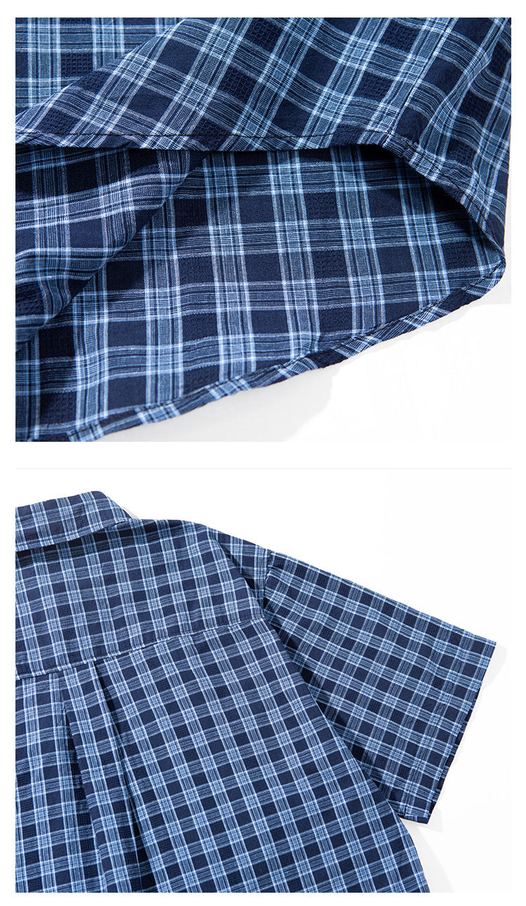 Close-up views of a navy blue plaid shirt's hem, back yoke, and short sleeve.