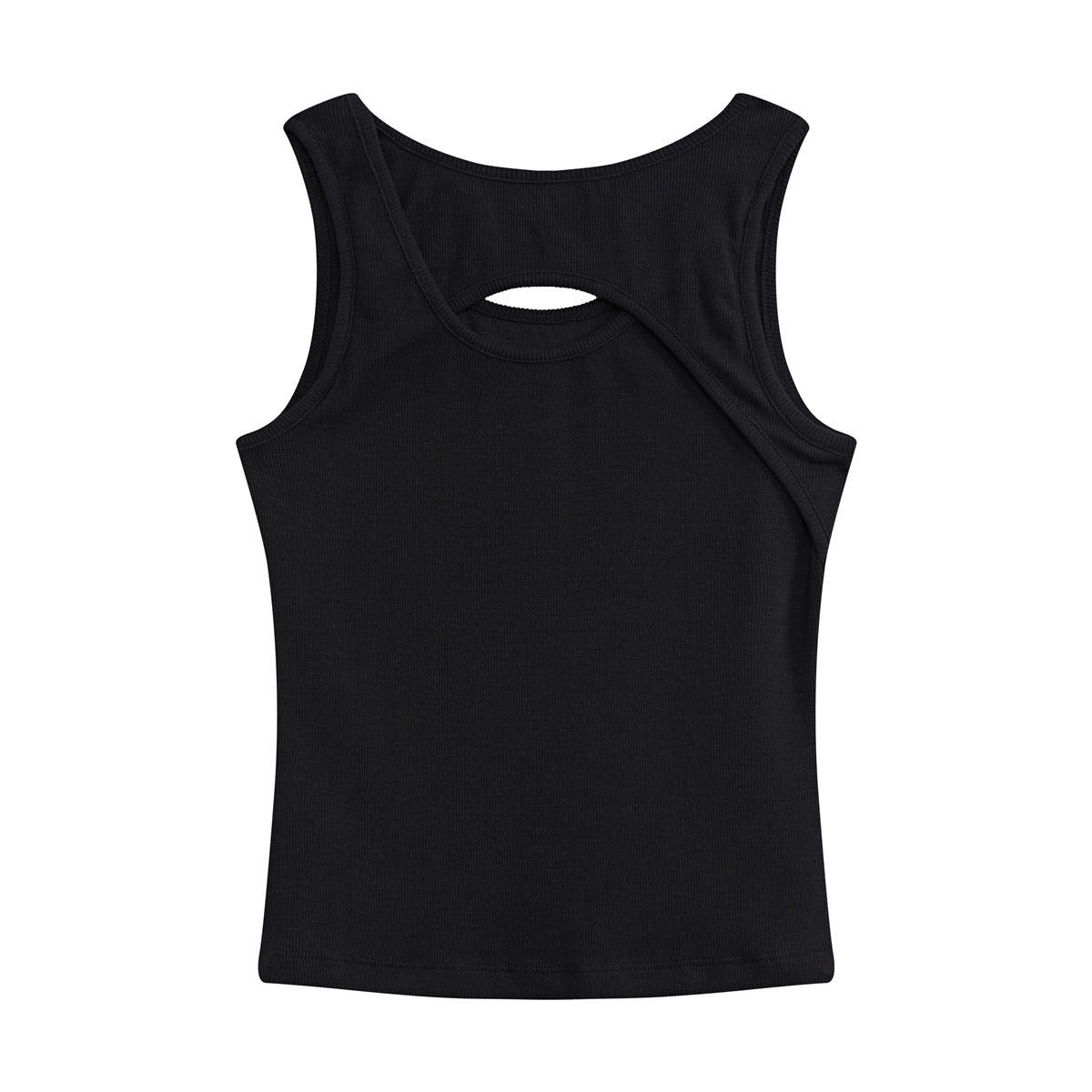 Back view of a black ribbed sleeveless tank top with an overlapping diagonal panel and oval cutout.