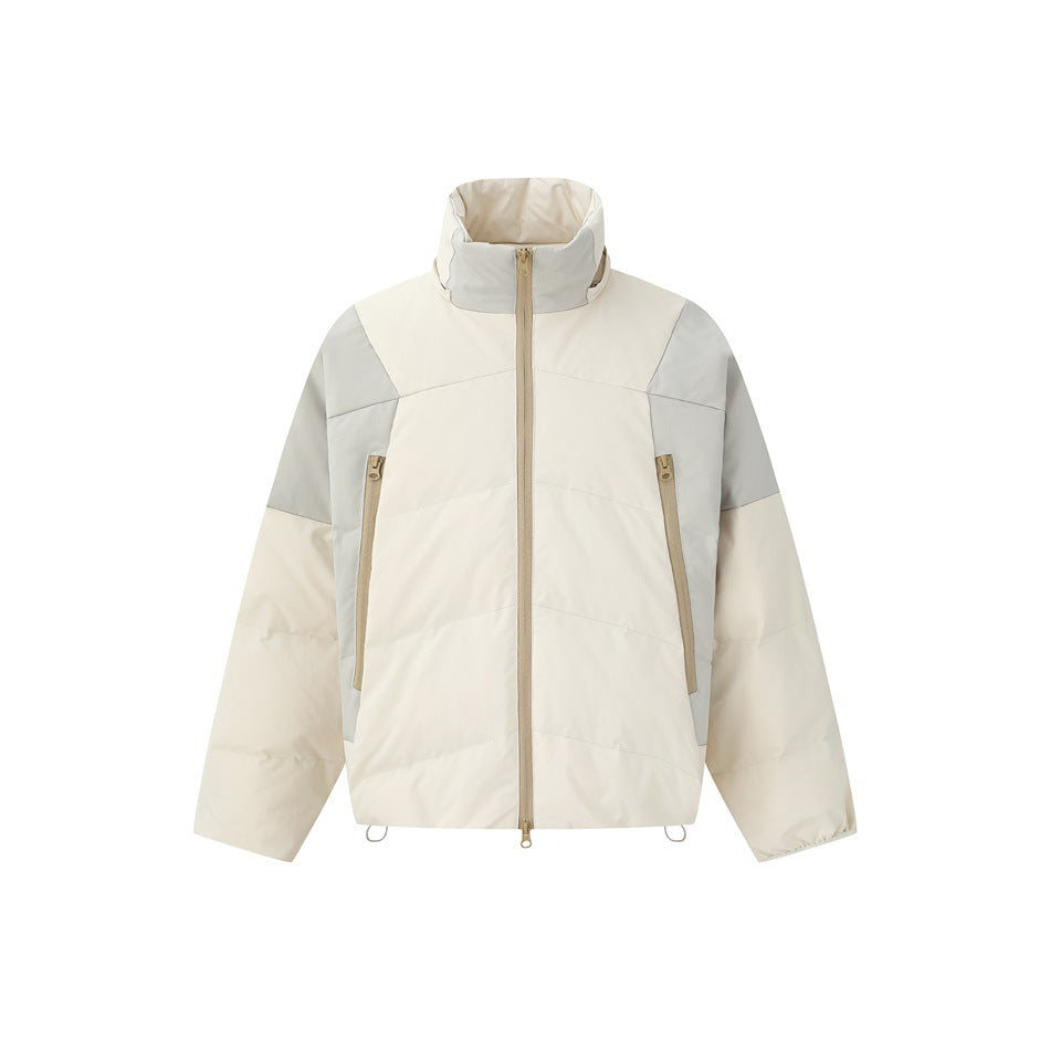 Front view of an ivory color-block jacket with pale gray panels, a high collar, tan center zipper and two zip pockets.