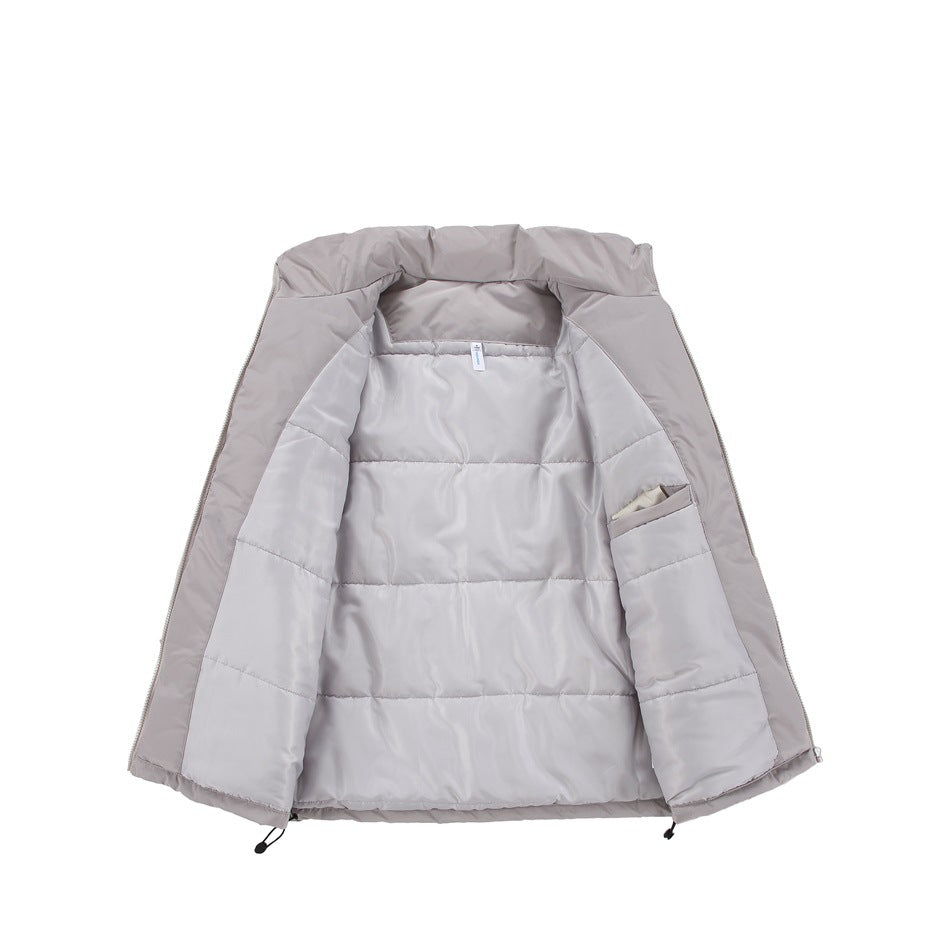 Light gray padded jacket opened flat to show its quilted lining, hood, and inner pocket.