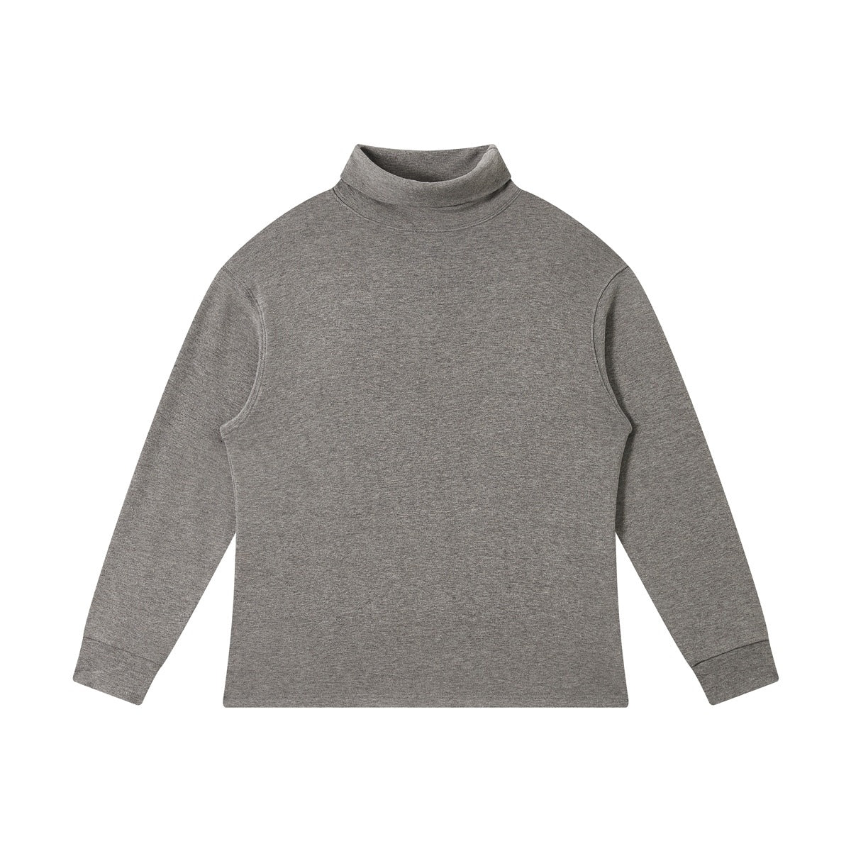 Heather gray turtleneck long-sleeve pullover flat lay with drop shoulders and ribbed cuffs