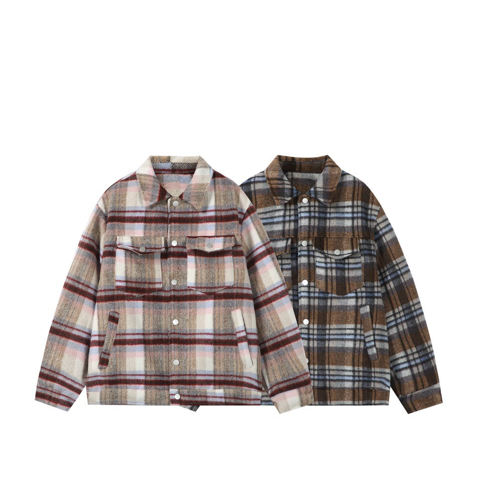 Two plaid button-front jackets shown side by side in cream-red-gray and brown-gray-blue colorways.