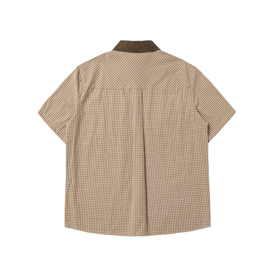 Back view of a tan-and-white checked short-sleeve shirt with a dark brown collar and center pleat.
