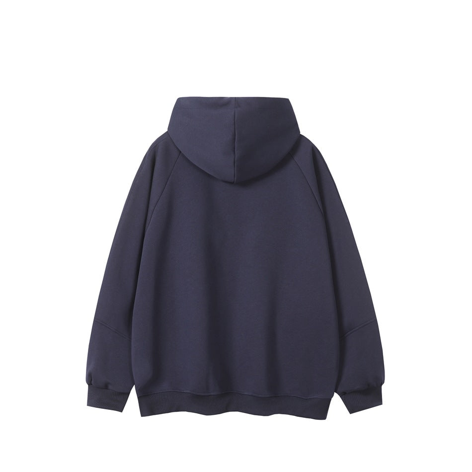 Back view of a navy blue hoodie with raglan sleeves, hood and ribbed cuffs and hem, plain with no print