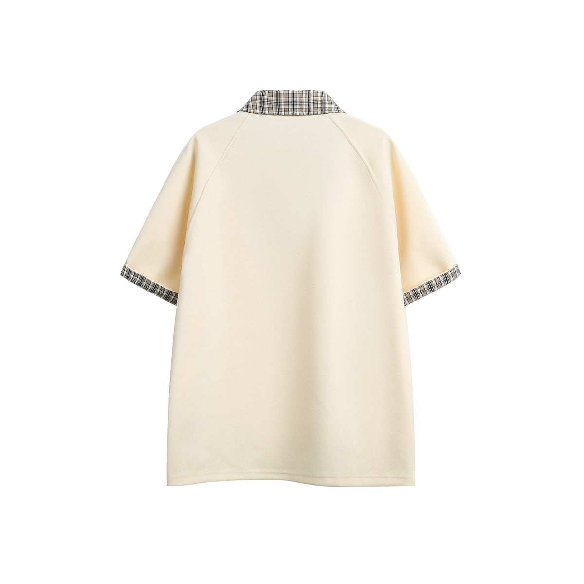 Apricot beige short-sleeve top with plaid collar and plaid cuffs, back view